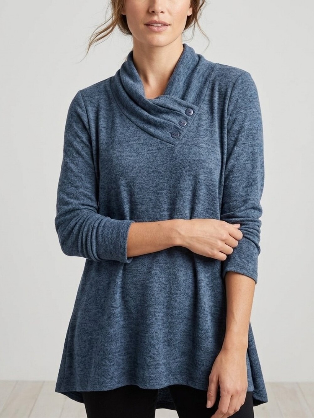 Pure Essence Cowl Neck Asymmetrical Button Tunic Sweater